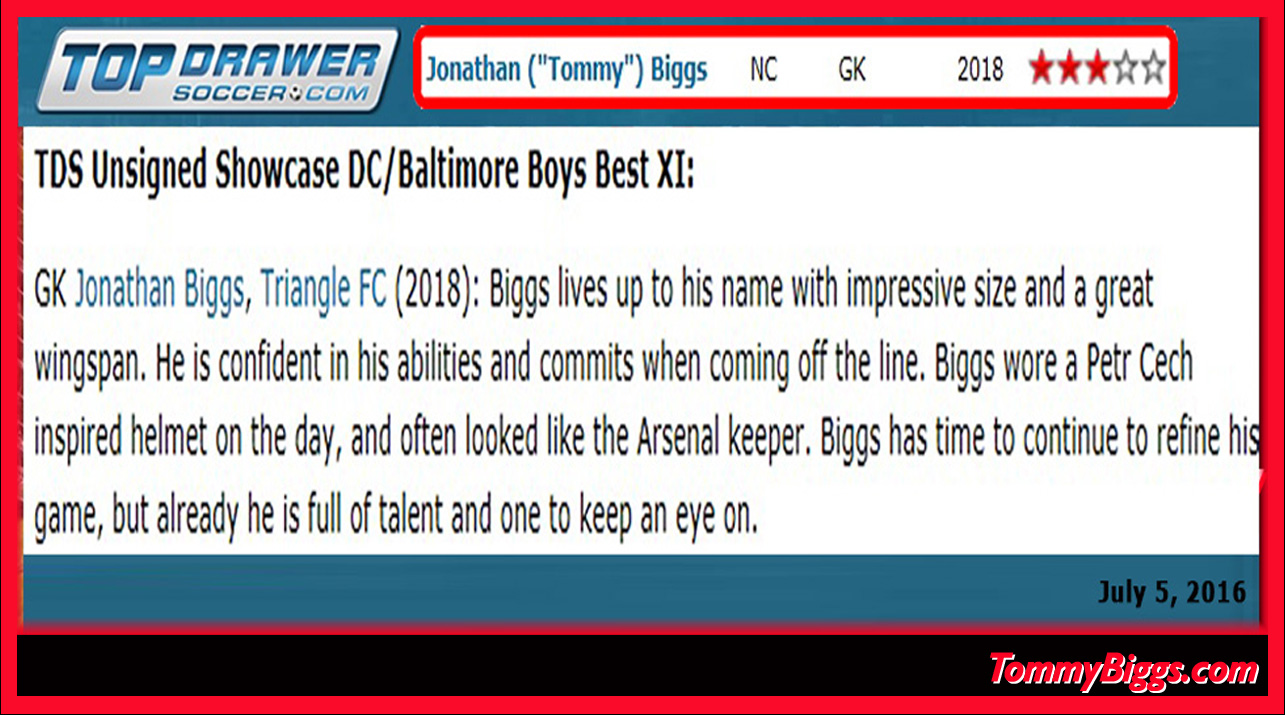 TOPDRAWERSOCCER.COM SAYS: Tommy Biggs Soccer Goal Keeper